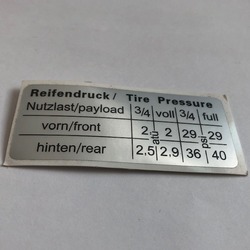 Sticker, Tire Pressure, Inside Filler Lid